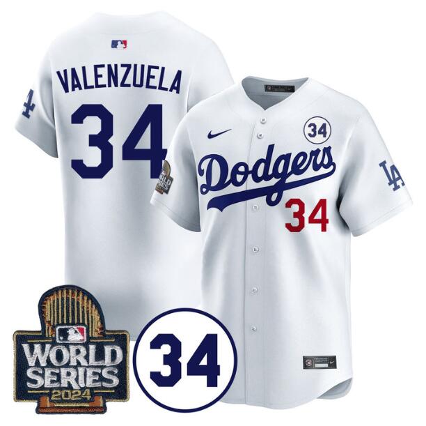 Men's Los Angeles Dodgers #34 Toro Valenzuela White 2024 World Series With No. 34 Patch Limited Stitched Baseball Jersey Men's Los Angeles Dodgers #34 Toro Valenzuela White 2024 World Series With No. 34 Patch Limited Stitched Baseball Jersey